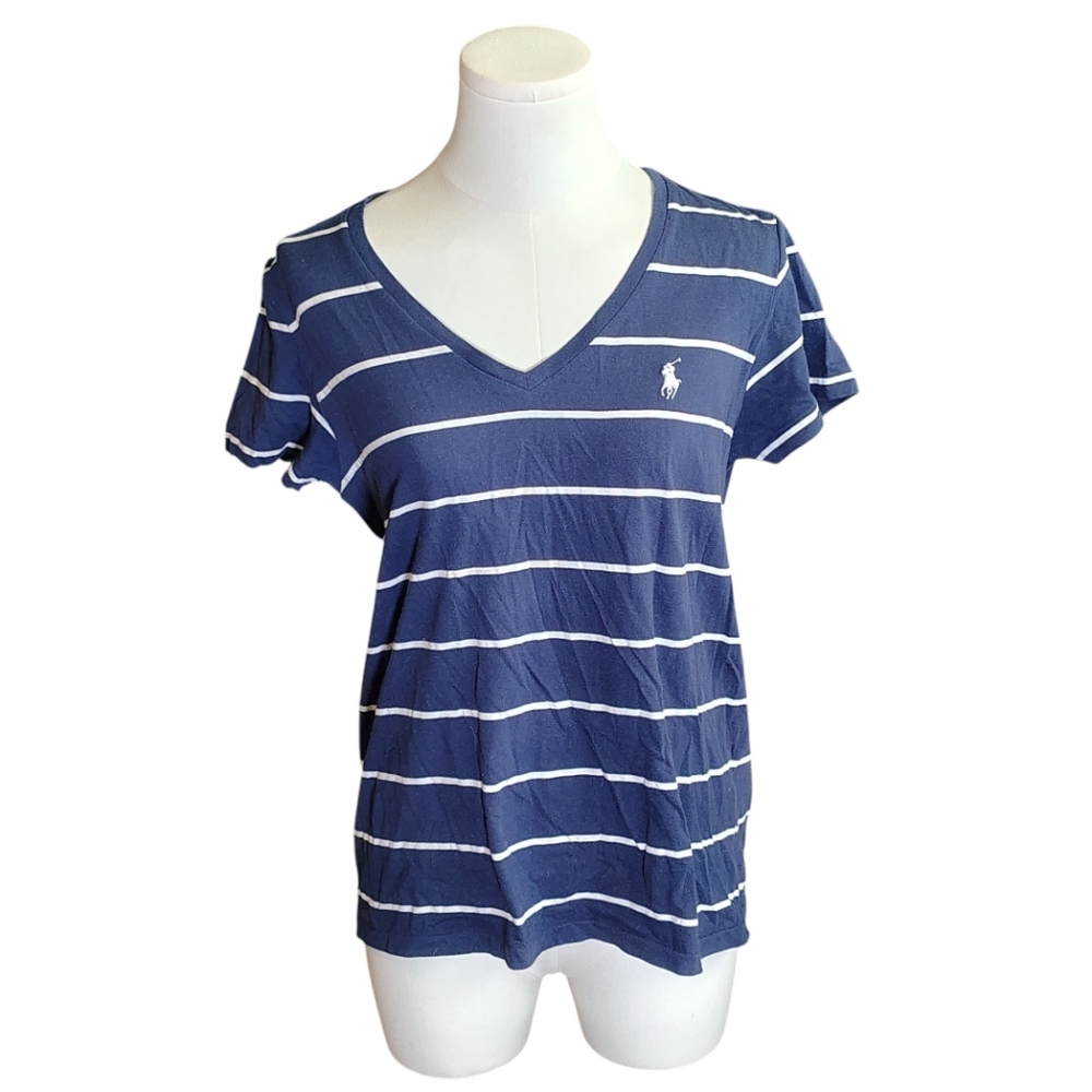 Vintage Polo Ralph Lauren Preppy Blue and White Striped V-neck Tee Size Medium
